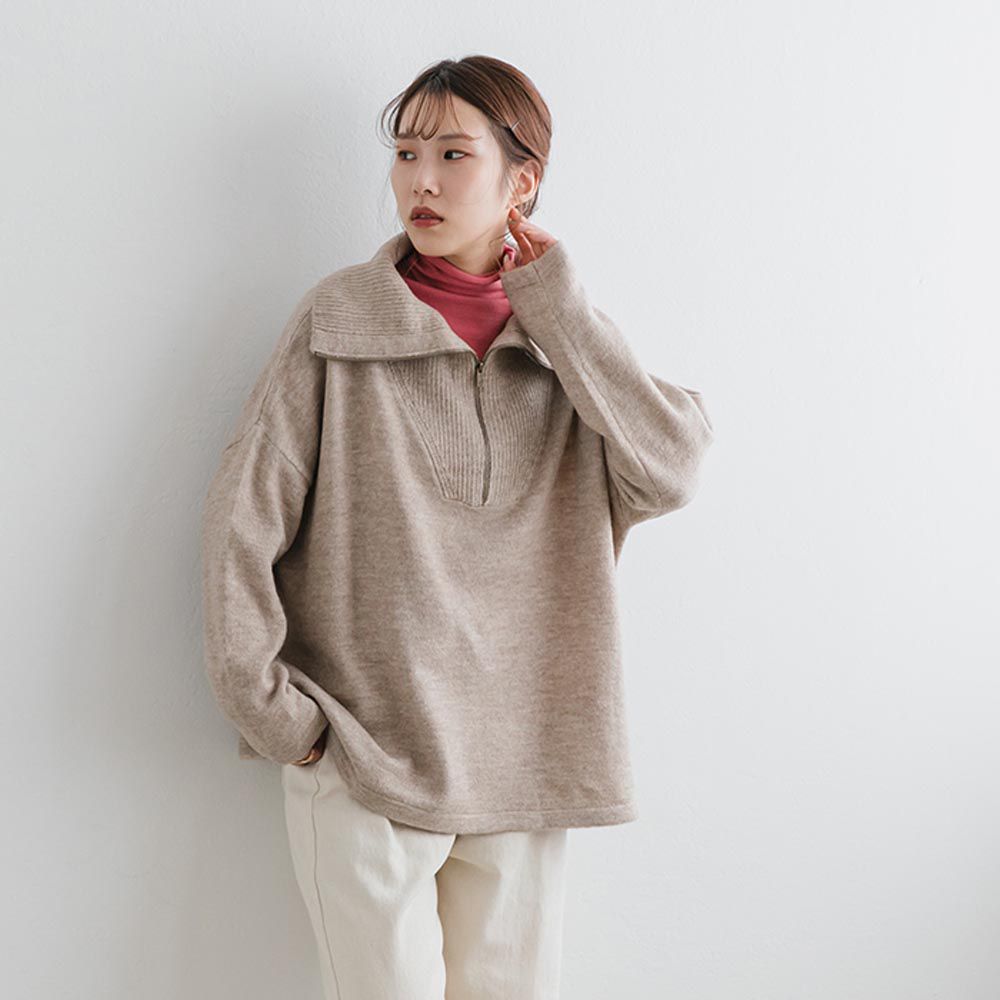 日本 ihuu - 可機洗拉鏈開襟針織毛衣-淺米