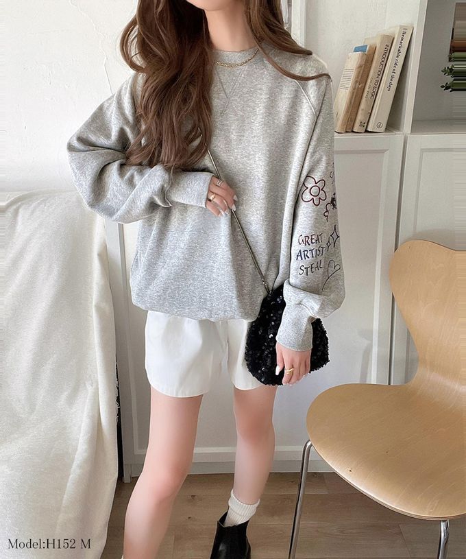 日本 Classical Elf - 俏皮塗鴉裏起毛長袖上衣-淺灰