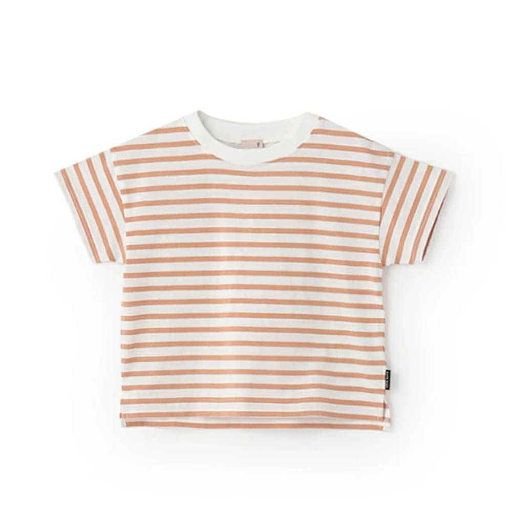 [低價]接觸冷感 條紋短袖上衣-橘x白