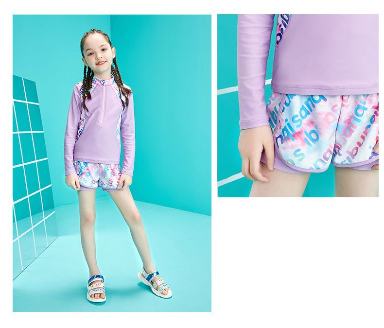 女寶運動風長袖泳衣套裝-繽紛假兩件短褲-紫色