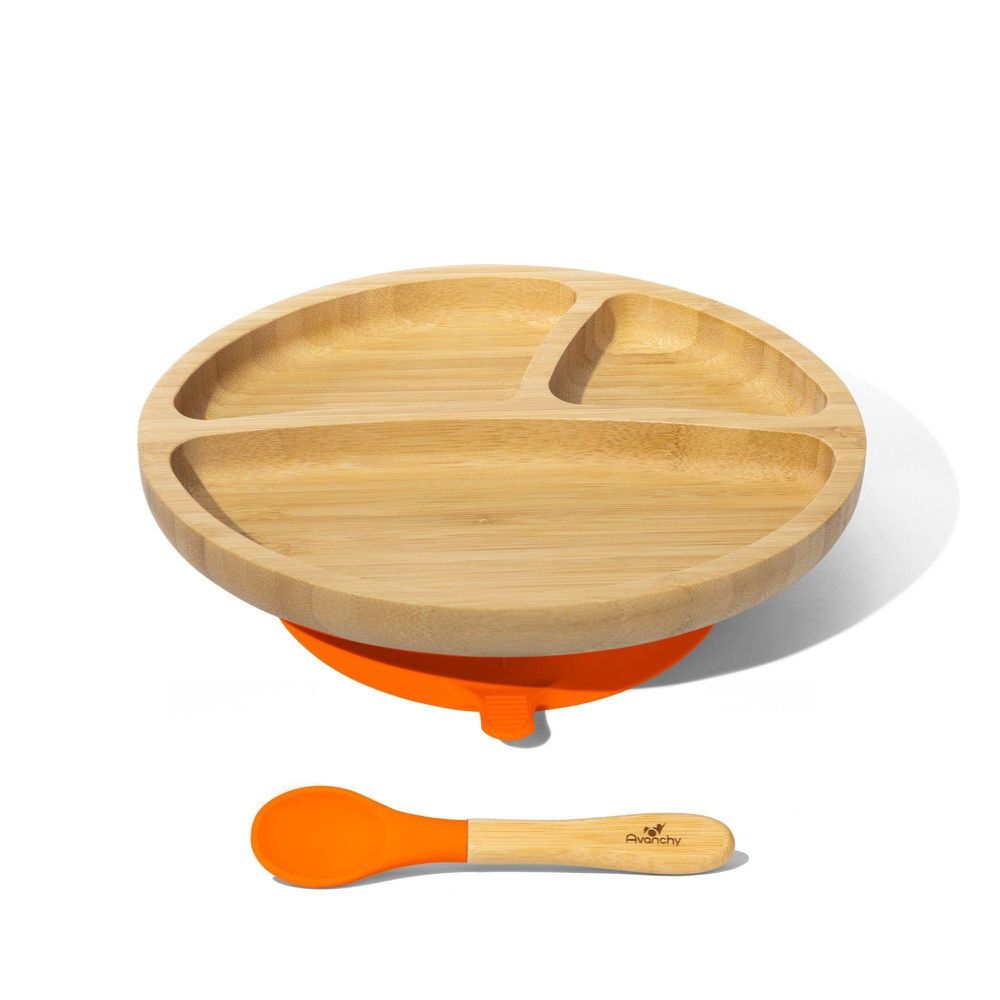 Avanchy - 有機竹製吸盤式餐盤套裝組-附有機竹製矽膠湯匙-短柄-橙