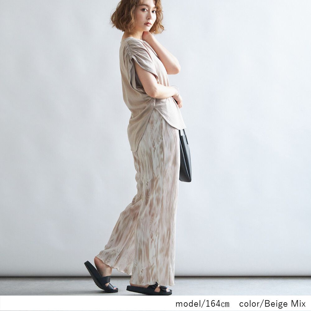 日本女裝代購 - 水波染風琴褶彈性寬褲-灰藍系 (M(Free size))