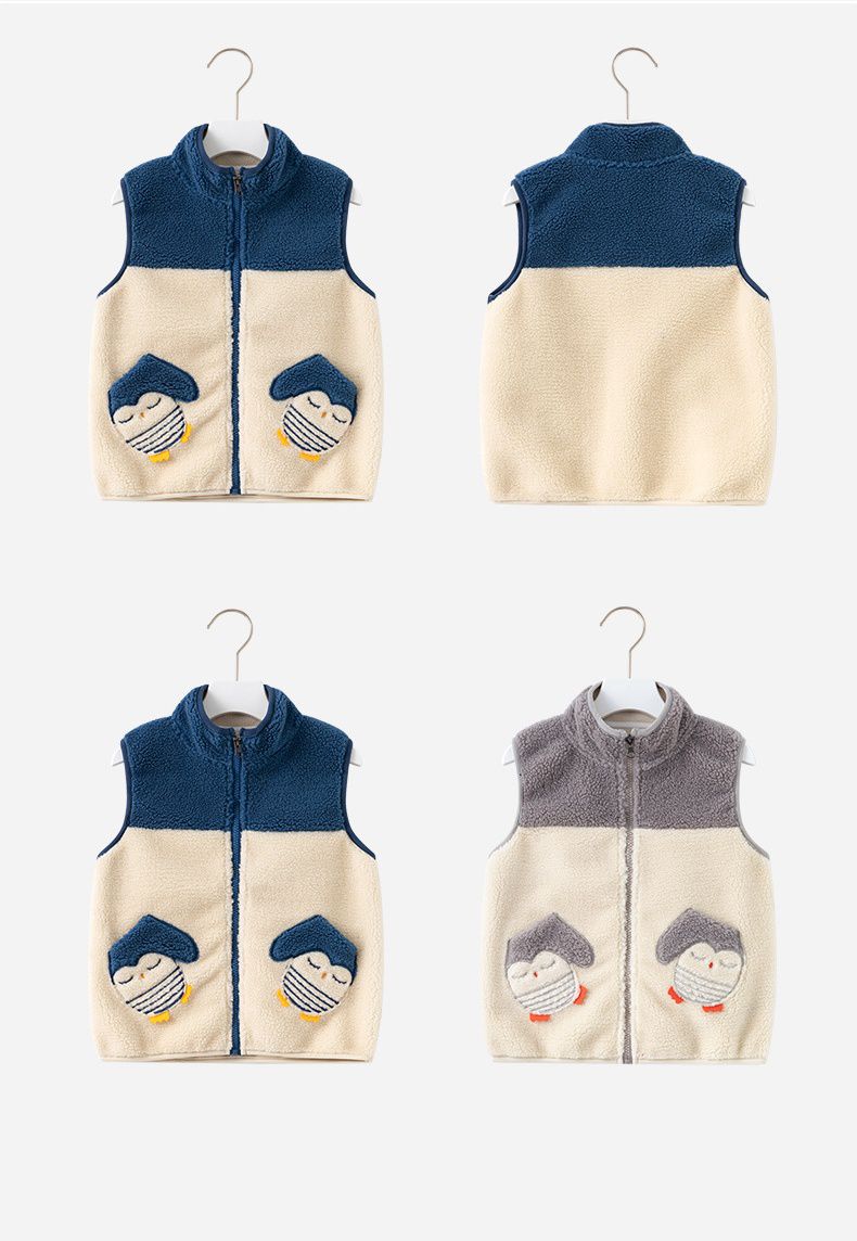 搖粒絨保暖兒童背心-企鵝口袋-杏+藍