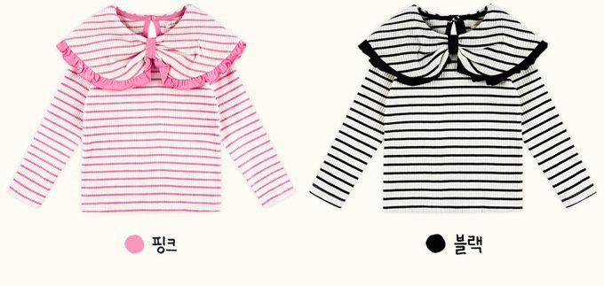 韓國 WALTON kids - 蝴蝶領條紋長袖上衣-黑