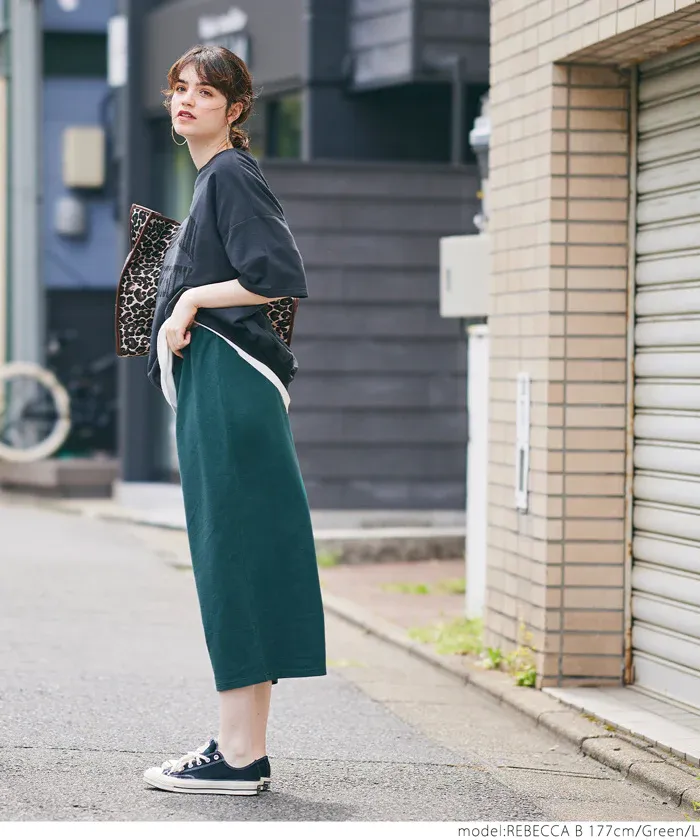 日本 COCA - 棉混彈性修身長裙-深綠