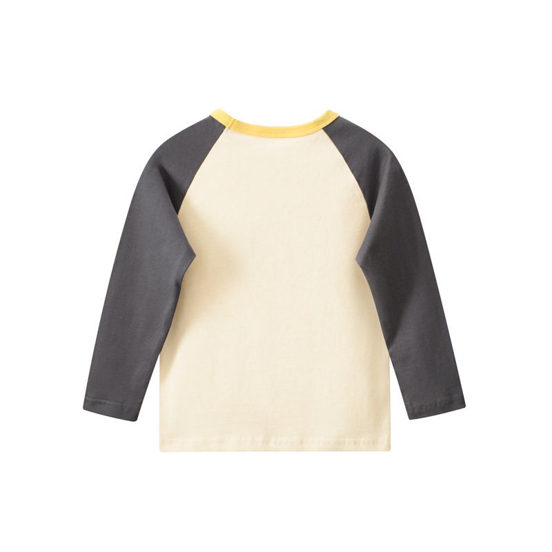 純棉圓領薄長袖上衣-復古車車-杏+灰