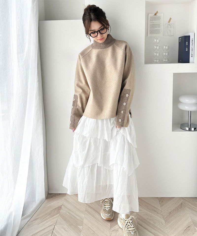 日本 Classical Elf - 小立領撞色鈕扣設計針織上衣-米杏