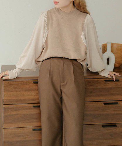 日本 Bou Jeloud - 細針織拼接泡泡袖上衣-淺卡其