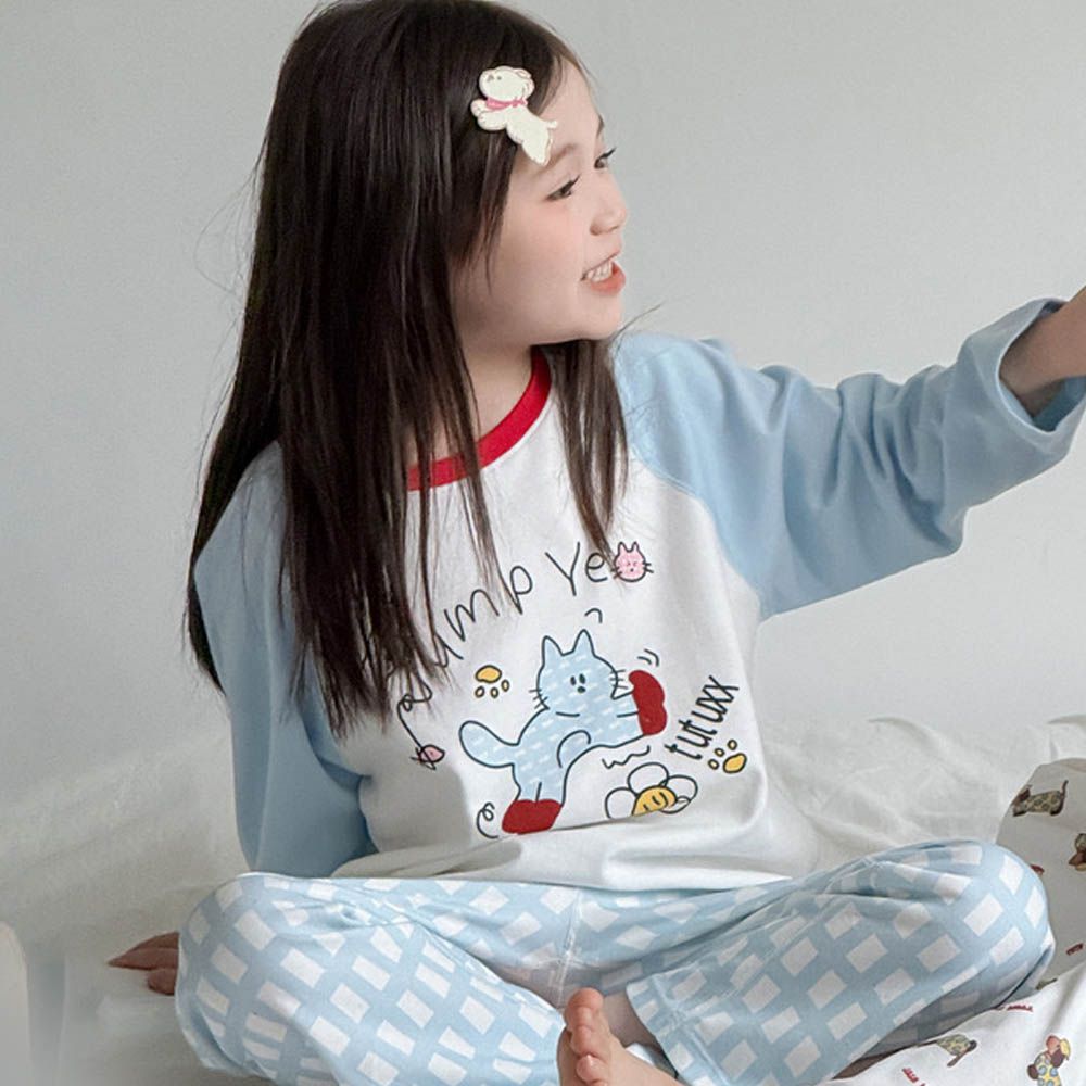 純棉柔軟長袖家居服套裝-卡通印花-淺藍
