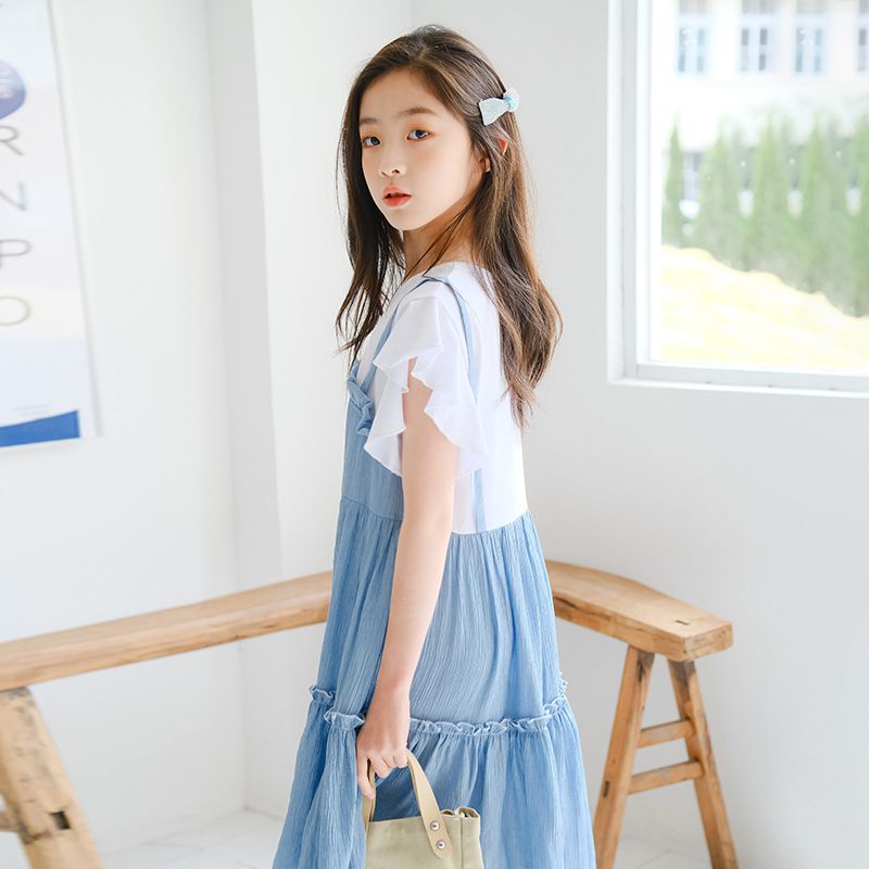 假兩件式拼接蛋糕裙洋裝-藍+白