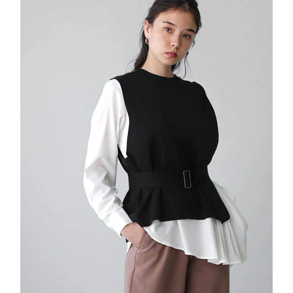 日本 Bou Jeloud - 顯瘦針織背心X不規則百褶衣襬白襯衫兩件套裝-黑