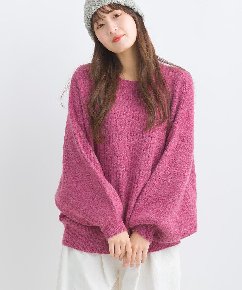 日本女裝代購 - 大寬袖圓領混色針織上衣-米黃