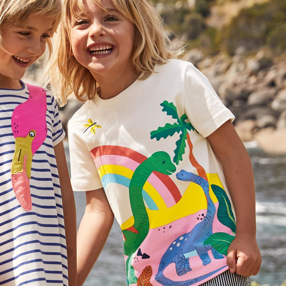 Jumping meters - 棉質圓領短袖上衣-恐龍世界-白色