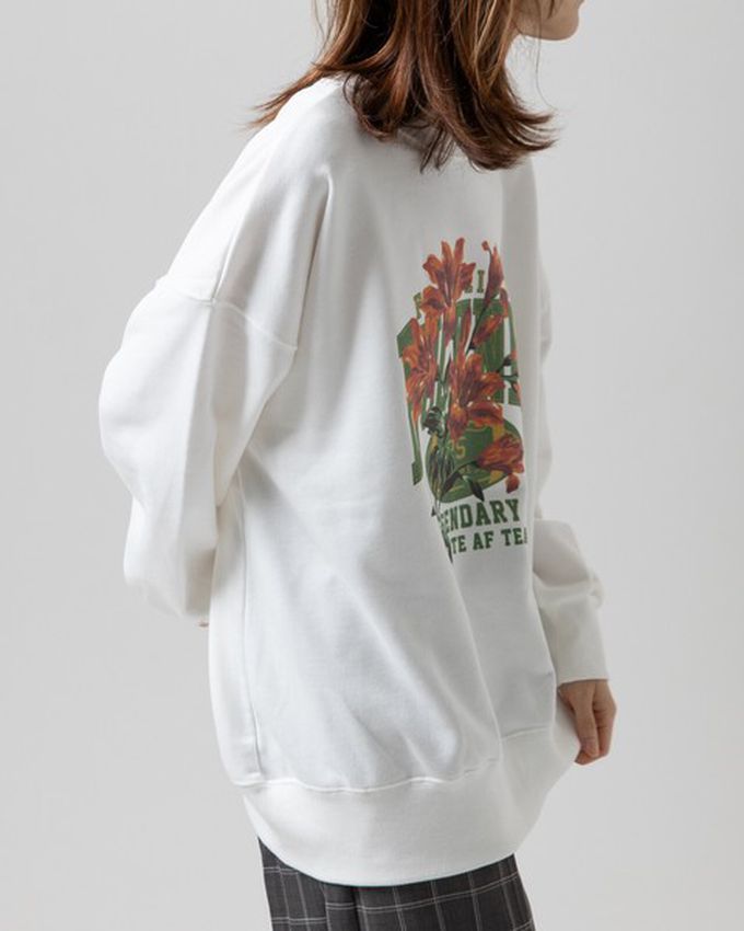 日本 gleam - 裏毛寬版學院風花卉大學T-灰