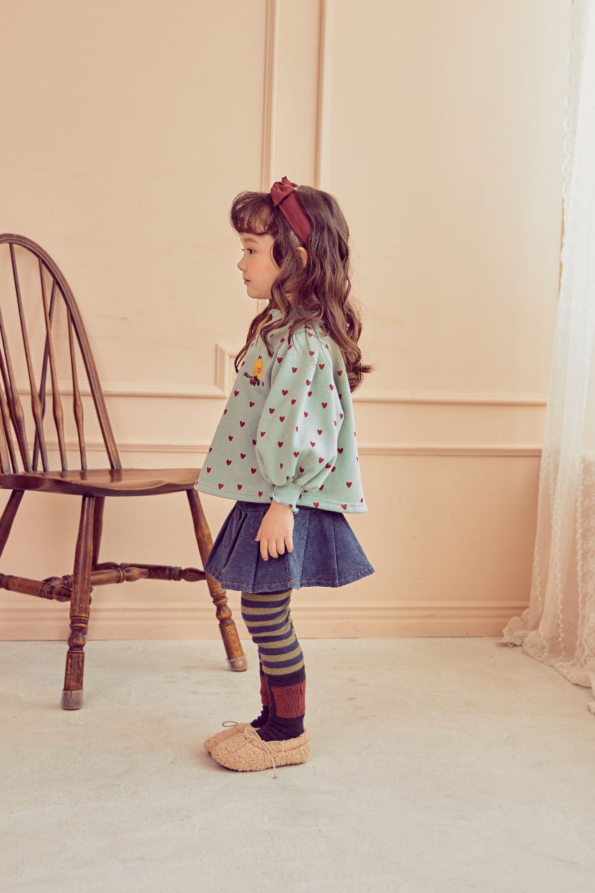 韓國 Mimico - (裏起毛)微笑花朵愛心泡泡袖T-薄荷綠