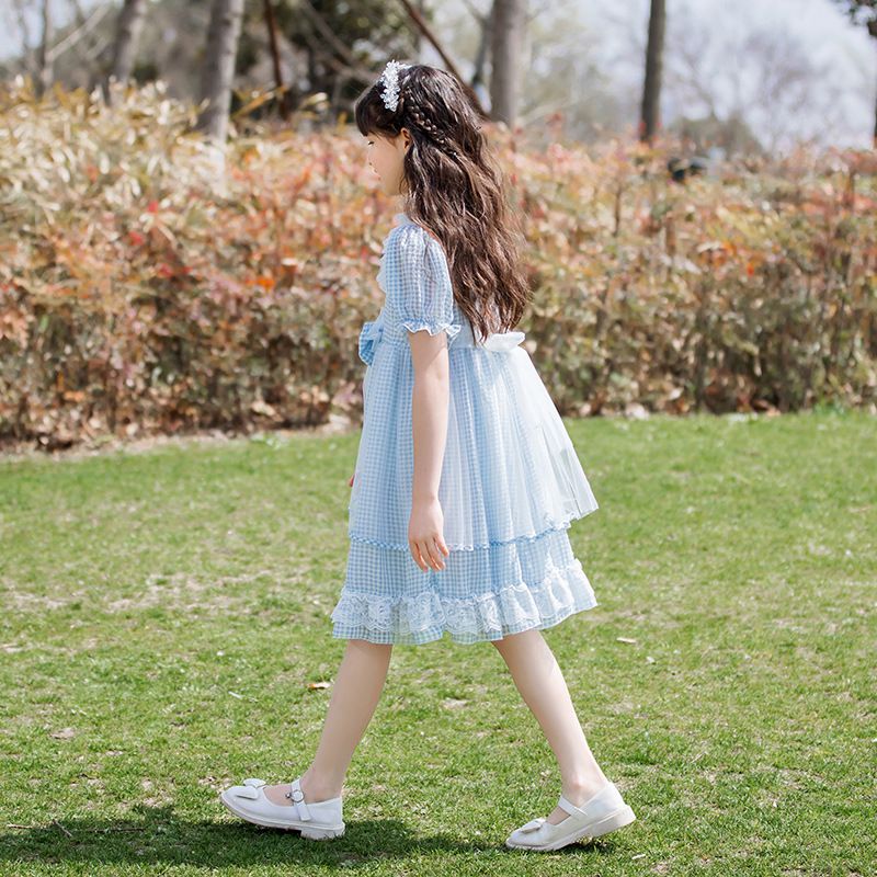 蕾絲娃娃領泡泡袖洋裝-格紋-藍+白