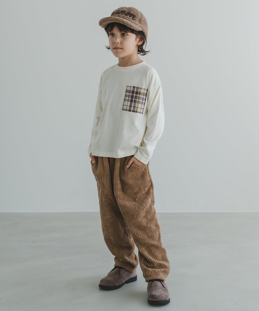 日本 PAIRMANON - 拼接口袋圓領薄長袖上衣-格紋-藍灰