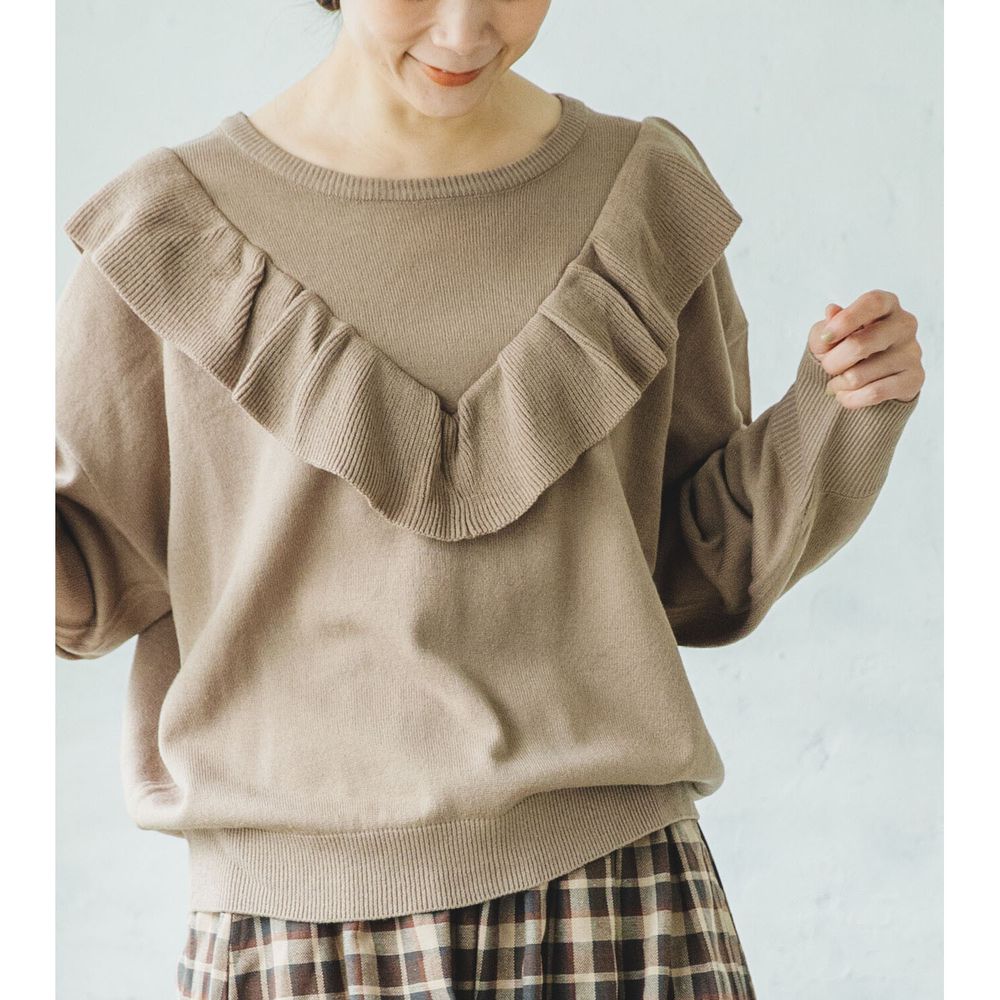 日本 PAIRMANON - V字荷葉造型針織上衣(媽媽)-摩卡 (FREE)