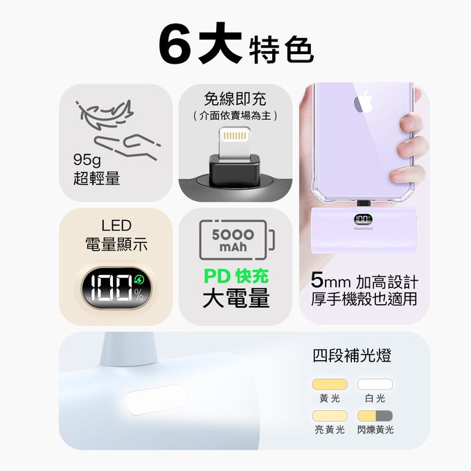 PhotoFast - PD快充版 5000mAh 直插式 口袋電源 行動電源 Lighting Power-(蘋果 / 安卓)-奶茶杏