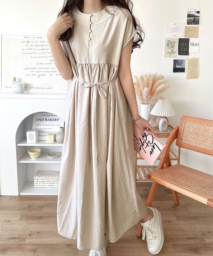日本 Classical Elf - 前後2way清新腰綁帶短袖洋裝-棕