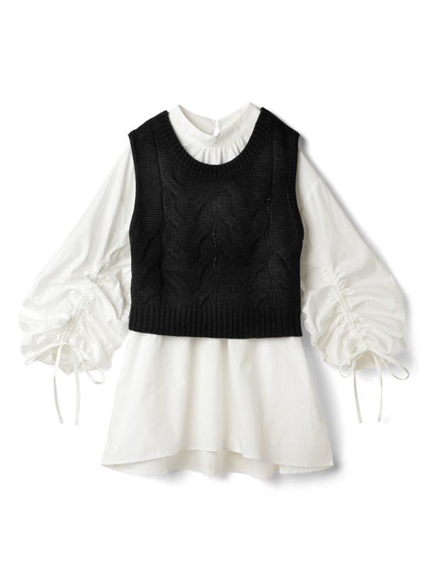 日本 GRL - 抽繩袖設計長袖上衣+針織背心兩件組-黑白