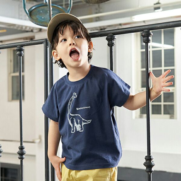 日本 b-ROOM - 100％棉 恐龍印花短袖上衣-劍龍-可可棕