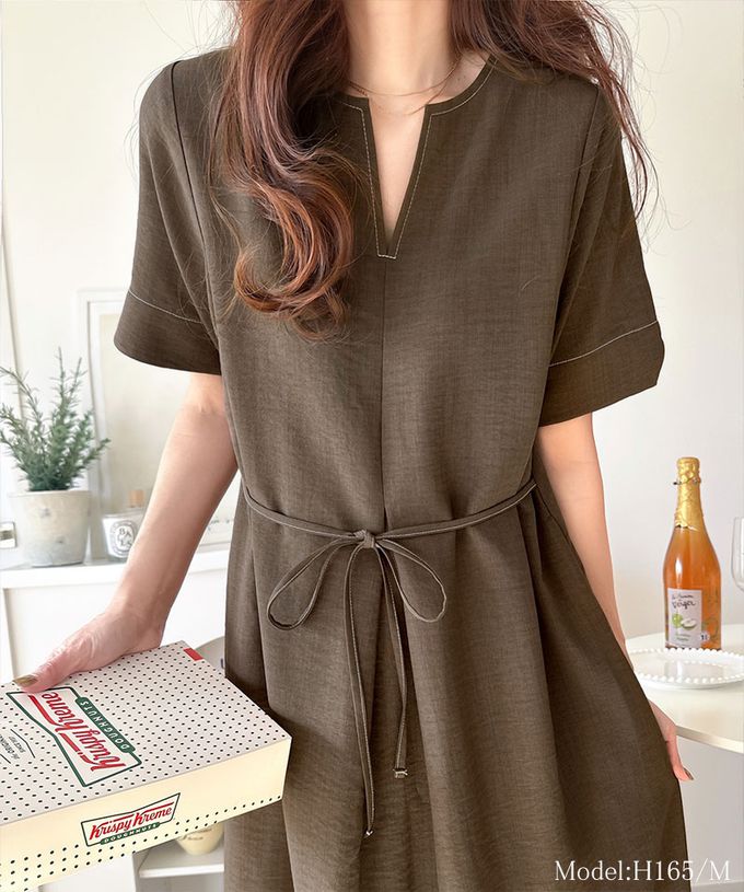 日本 Classical Elf - 鑰匙領綁帶休閒感縫線短袖洋裝-米杏
