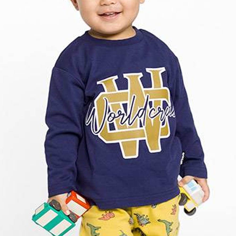 [推薦]定番印花薄長袖上衣-英文LOGO-海軍藍