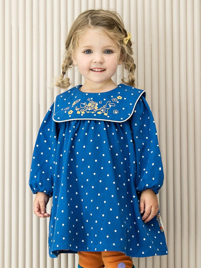 韓國 Pimpollo - 滿版圓點方形翻領連身洋裝-寶藍