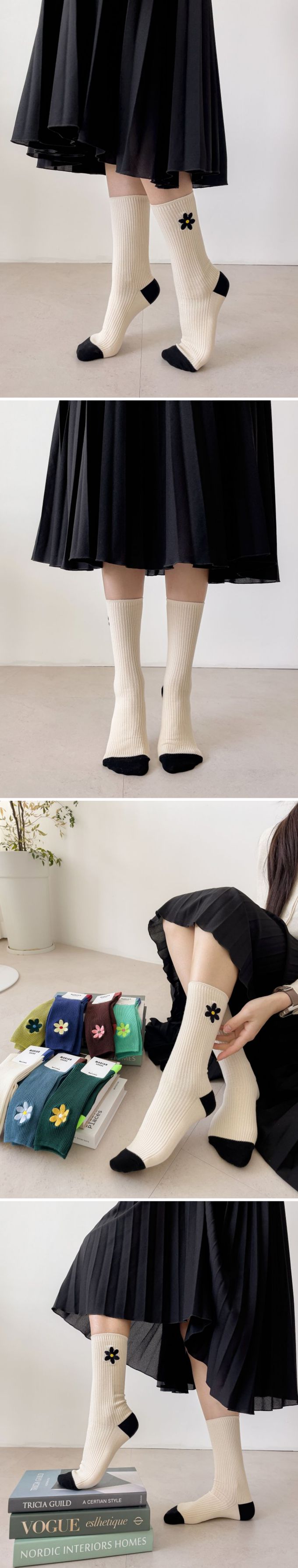 韓國 Marian - 小花刺繡直紋中筒襪-淺藍花-土耳其藍 (Free)