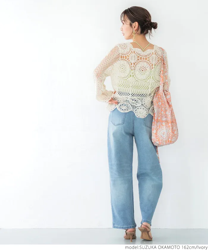 日本 COCA - 萬花筒雕花鉤針罩衫-淺杏