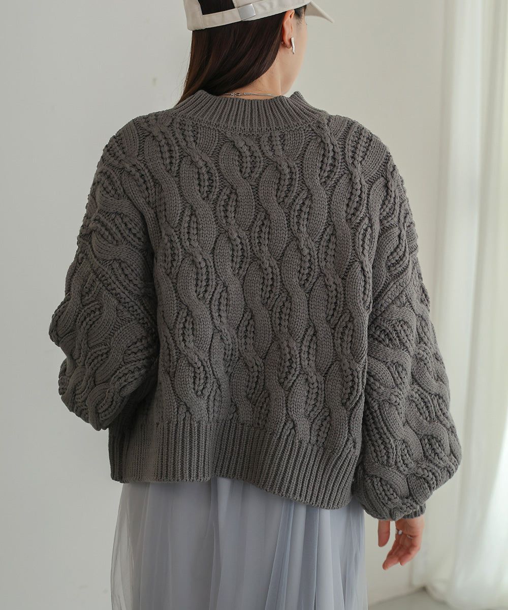 日本 Bab - 麻花編織圓領泡泡袖毛衣-粉膚