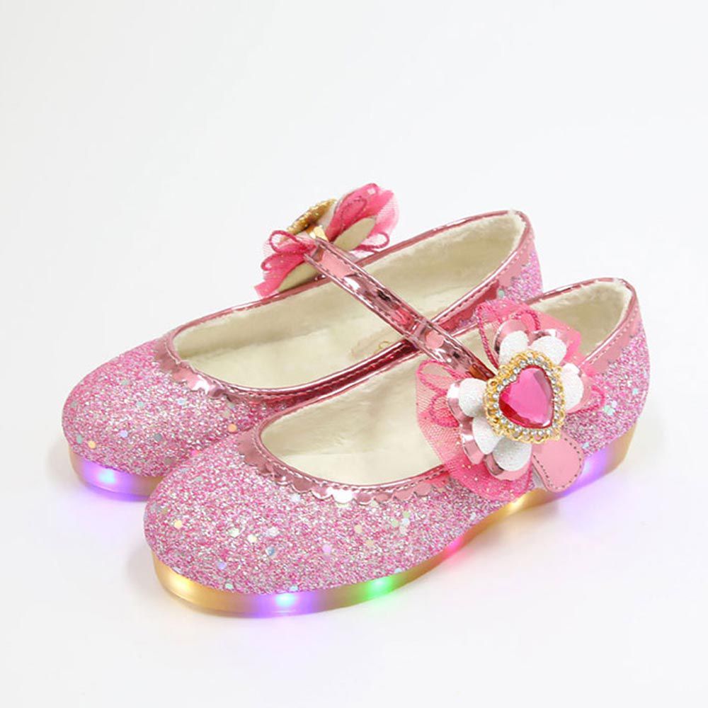 韓國 OZKIZ - (LED)少女愛心鑽石亮片皮鞋-桃粉