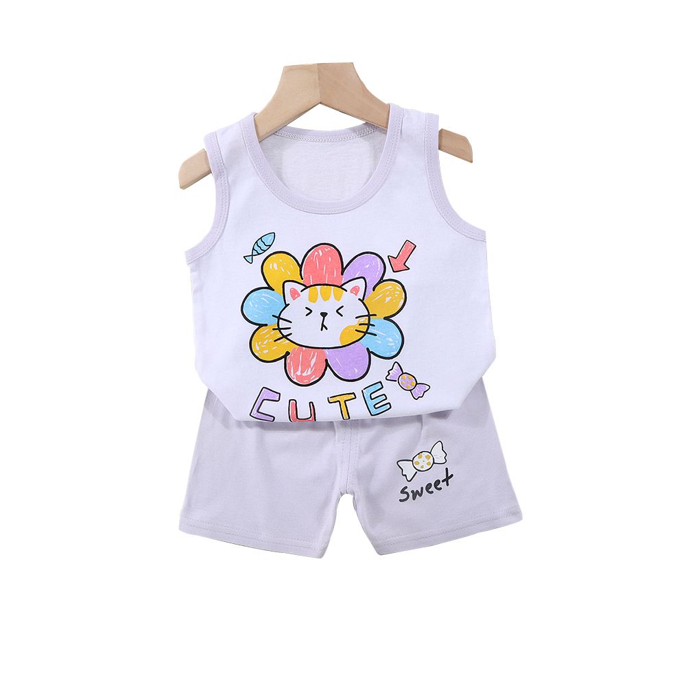 兒童純棉背心+短褲套裝 寶寶無袖上衣 寶寶短褲-七彩貓
