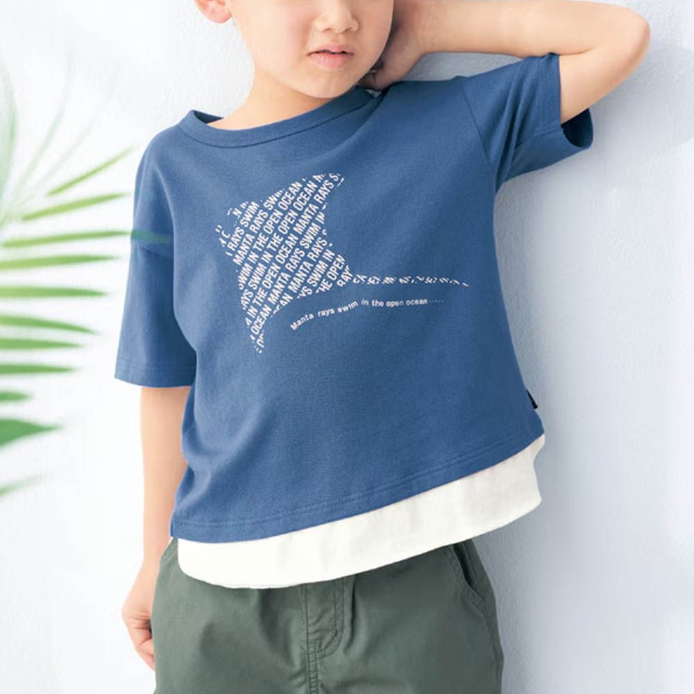 GITA 雙層下擺印花短袖上衣-英文魟魚-深藍