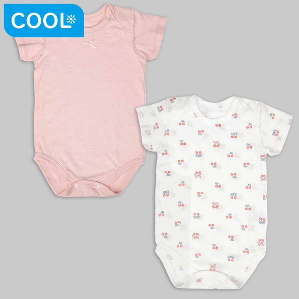 短袖網眼包屁衣2件組 套頭式-櫻桃-粉紅色