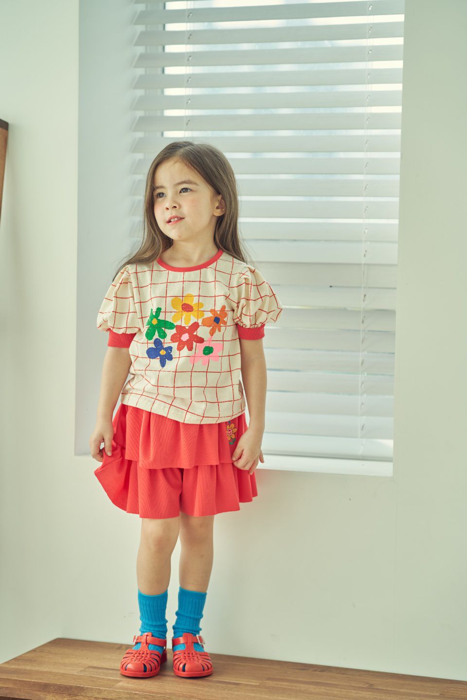 韓國 Mimico - 六彩花朵格子T-紅