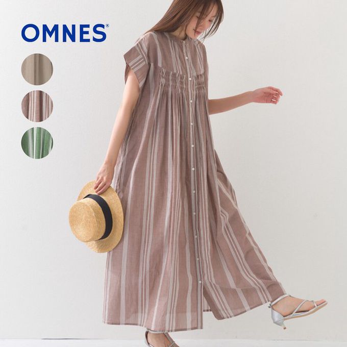 日本 OMNES - 100%印度棉 輕盈襯衫式短袖洋裝-綠條紋