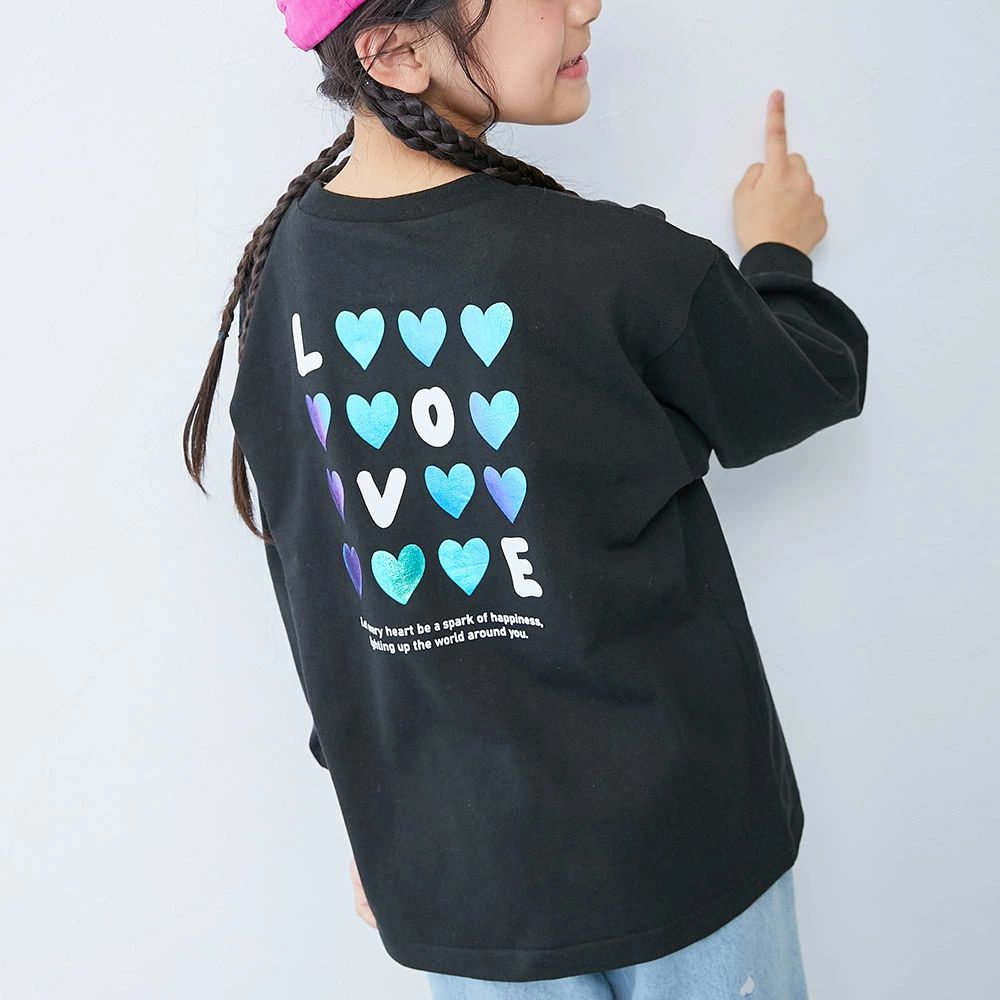 100%棉 閃亮金屬印花長袖上衣-LOVE愛心-黑