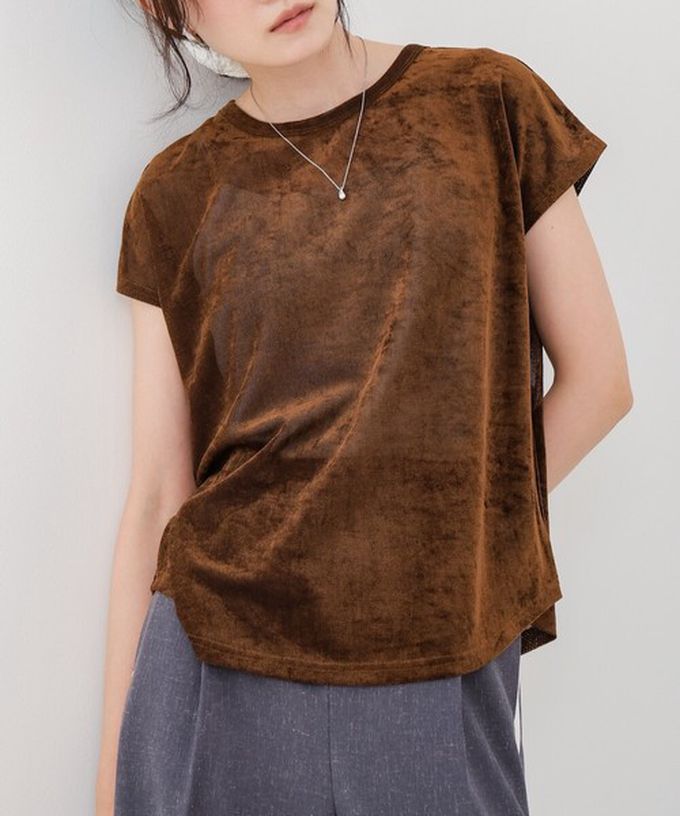 日本 Bab - 微透輕盈天鵝絨法式袖上衣-橘 (M)