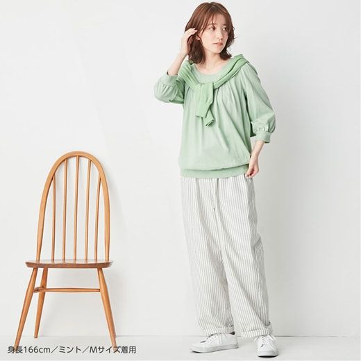 日本 BELLUNA - 100%棉柔軟抓皺長袖上衣-海軍藍