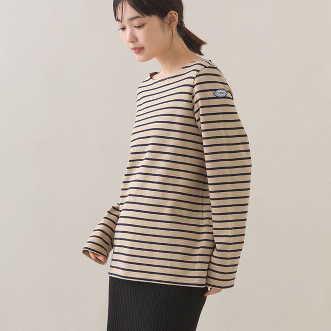 日本 OMNES - [必收款]100%棉 條紋船領長袖上衣-黑灰漸層