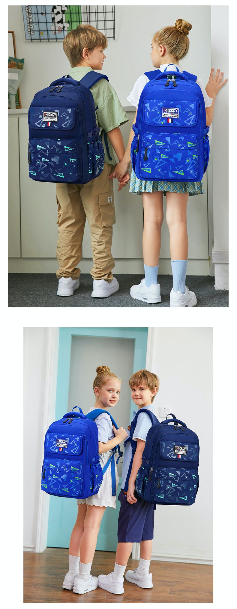大容量減壓書包-裝飾MICKEY標籤-藍色 (建議身高110-150cm)