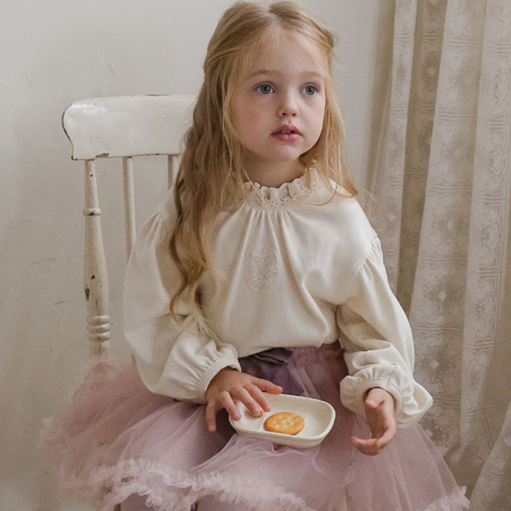 Puellaflo 蕾絲花領澎澎長袖上衣-米白