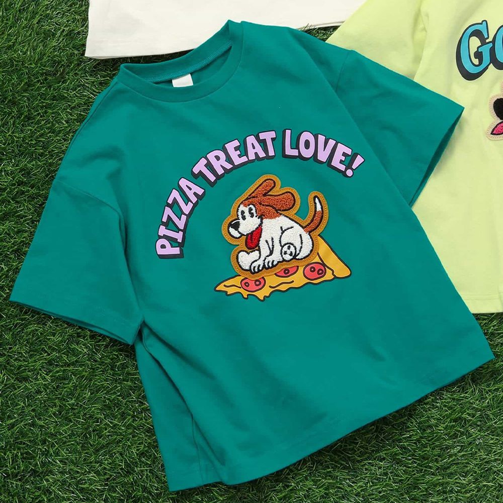 美式動物相良刺繡短袖上衣-披薩小狗-草綠