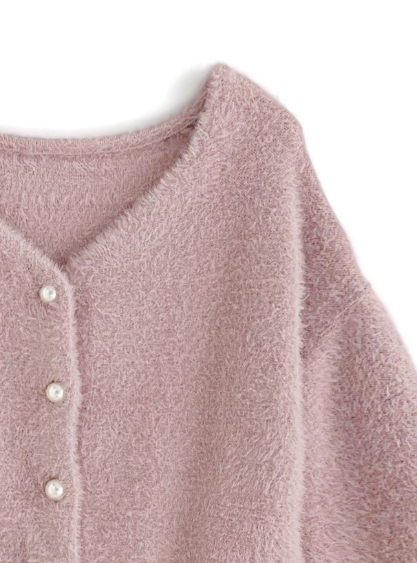 日本 GRL - 溫柔V領珍珠釦短絨小外套-黑 (F)