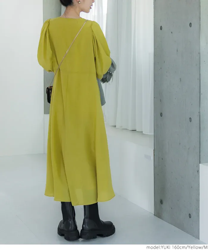 日本 COCA - 顯瘦V領收腰五分袖洋裝-米杏