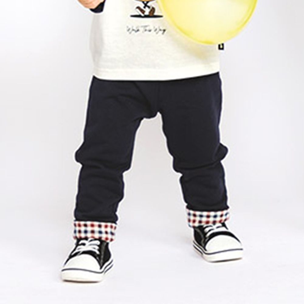 百搭舒適彈力長褲-反折格子-海軍藍