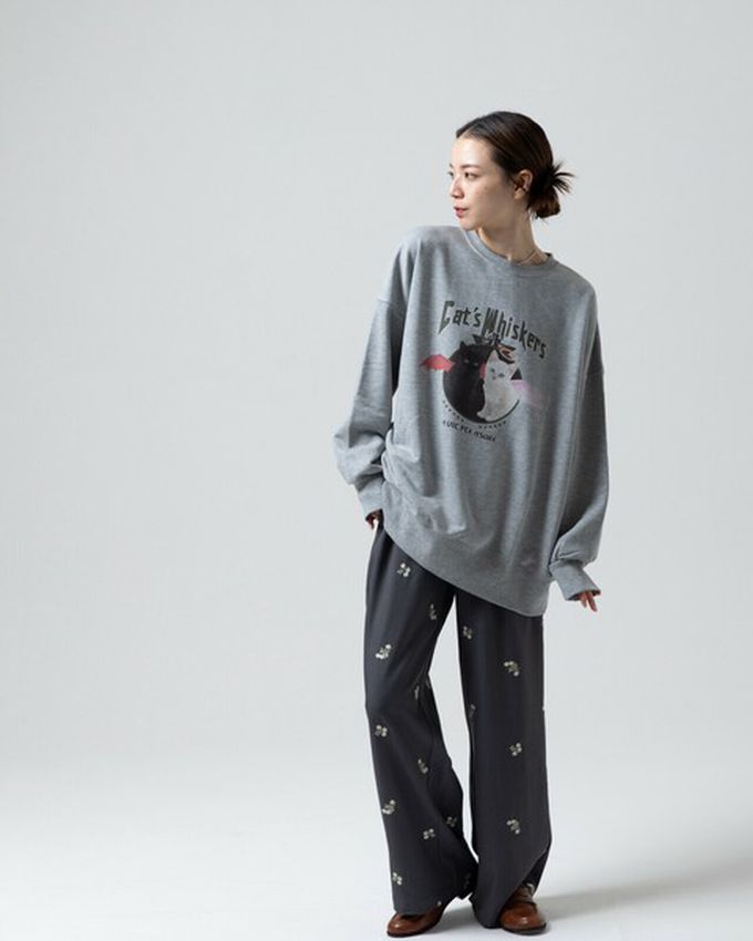 日本 gleam - 裏毛寬版天使惡魔貓咪印花大學T-炭黑