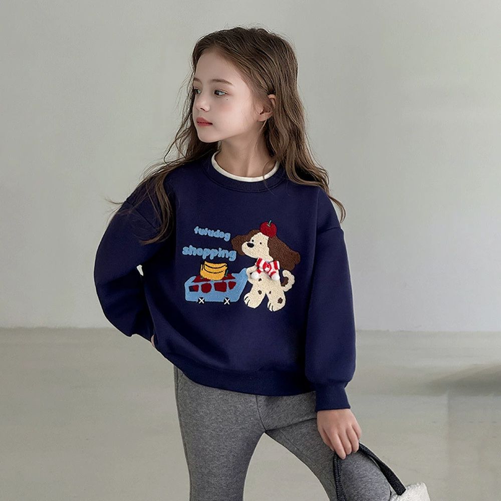 加絨假兩件長袖上衣/大學T-狗狗購物-藏青